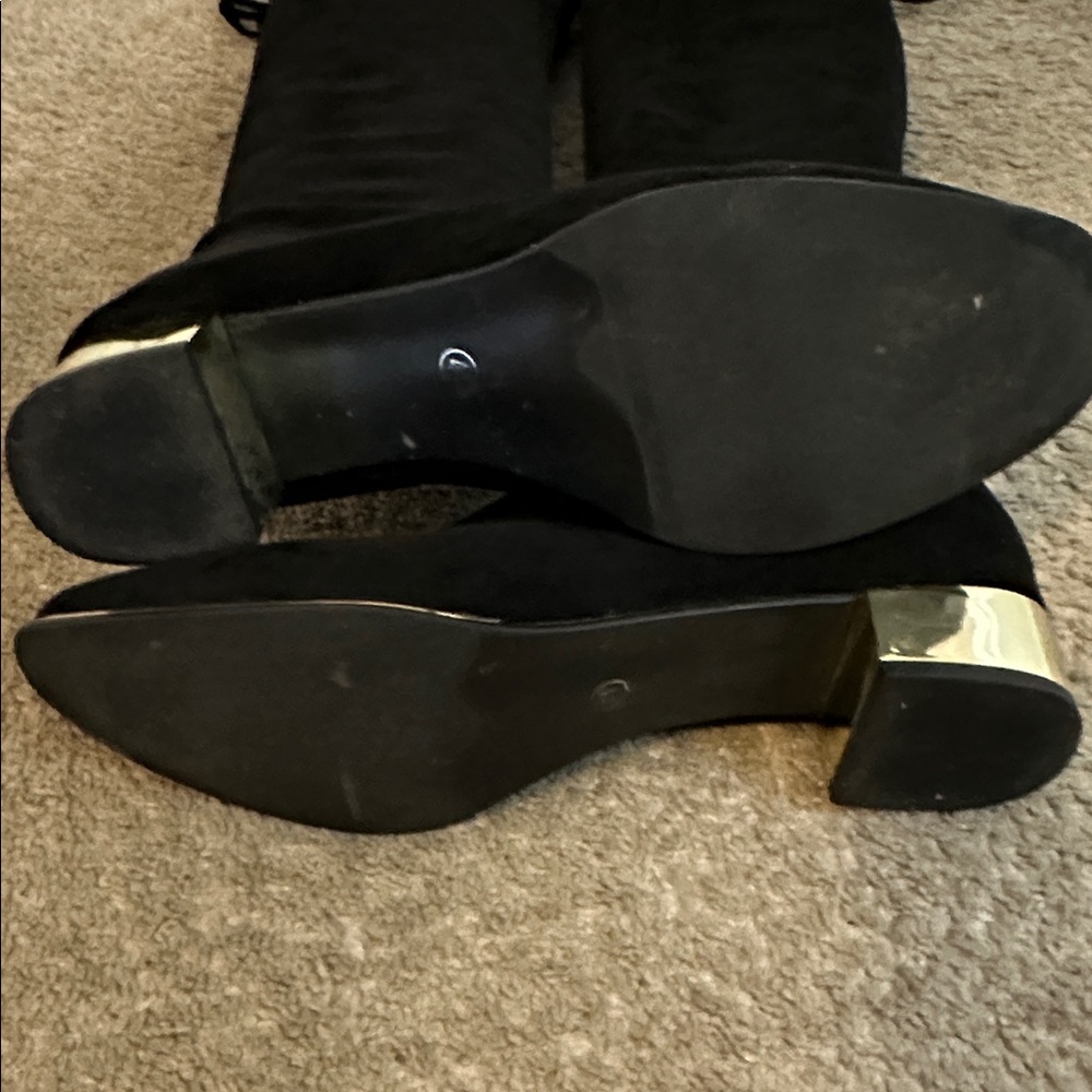 C. Paravano knee high black suede boots with gold heal. - Picture 6 of 7
